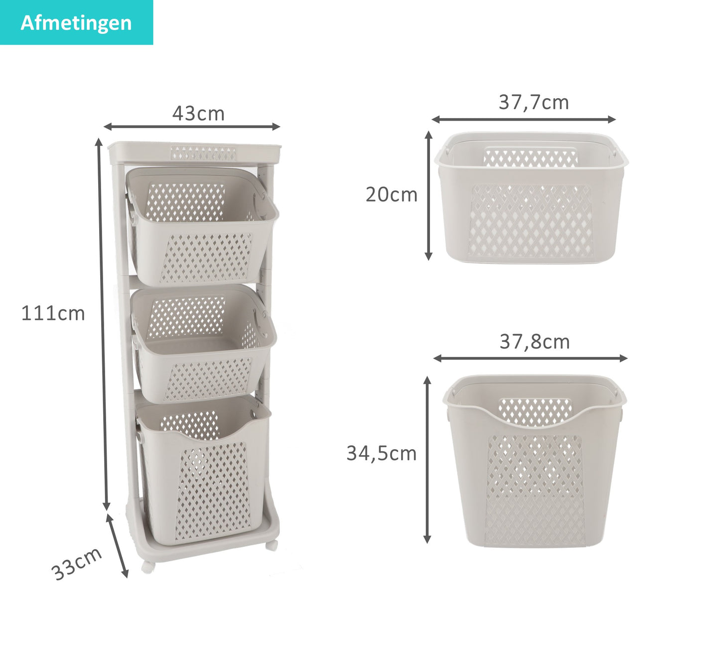 Wasmand 3 vakken Lichtgrijs