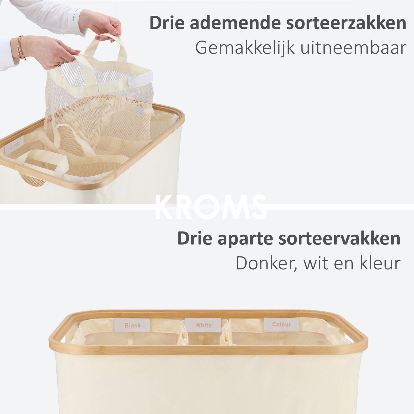 Wasmand Bamboe 3 vakken  Beige 145L